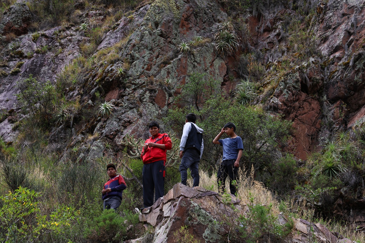 Kids standing on boulders on a forested hillside