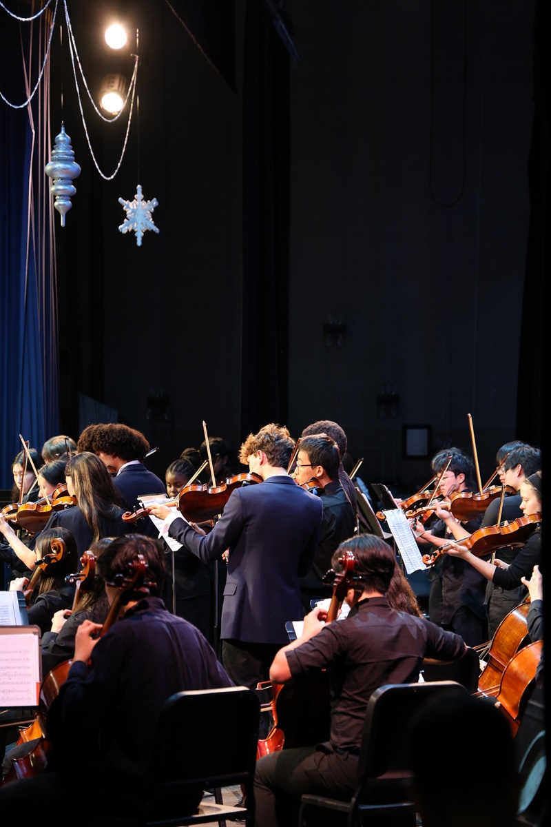 Orchestra strings section at holiday concert