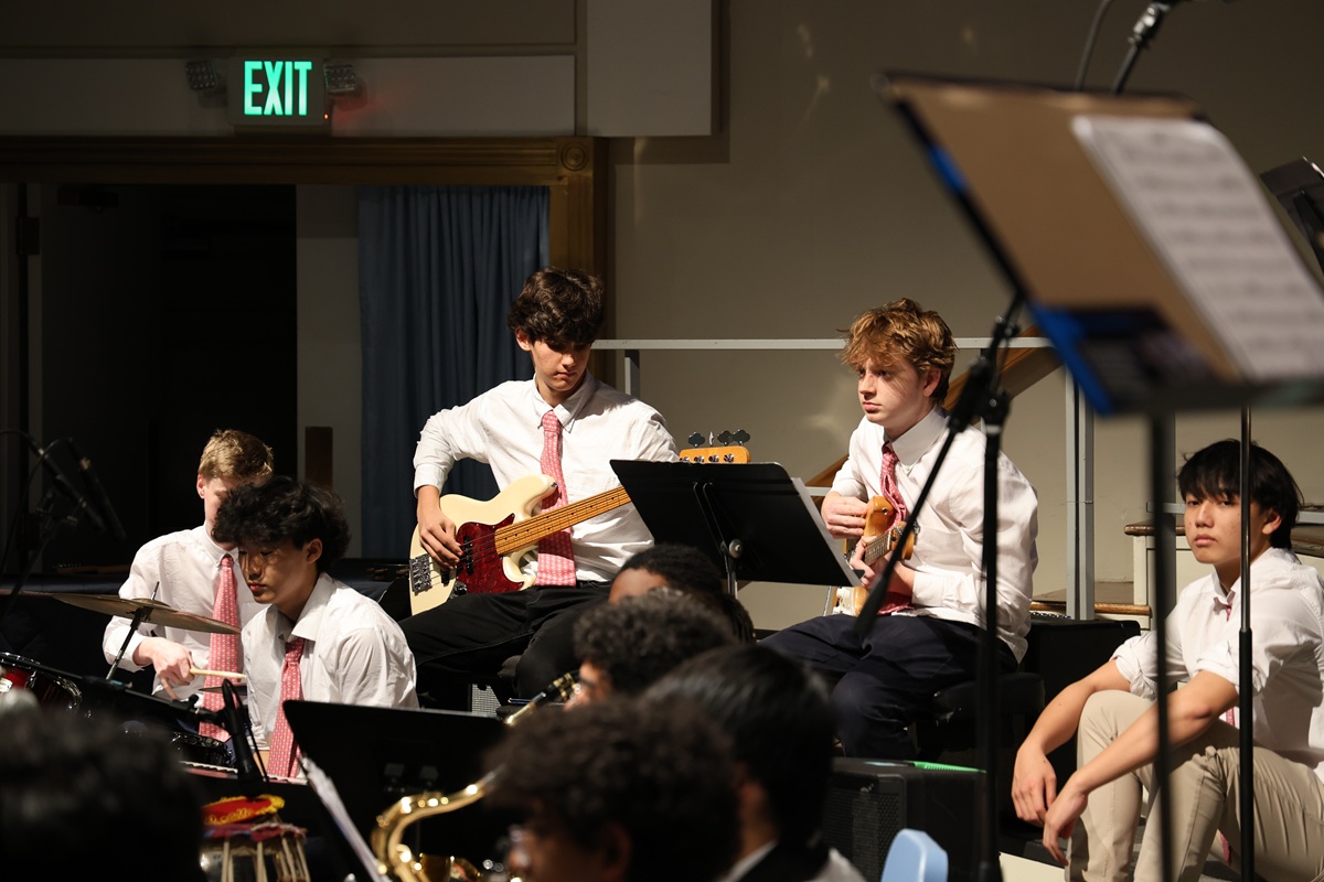 Jazz band students with guitars and drums