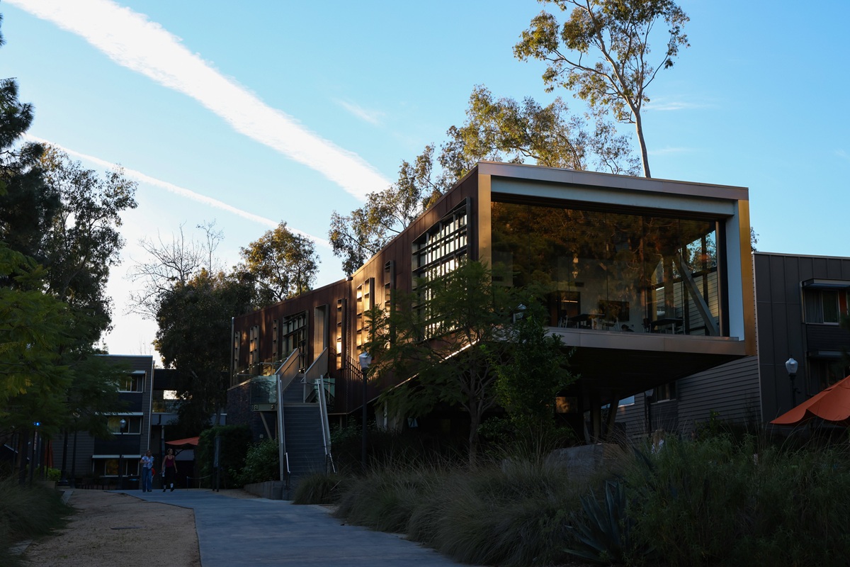 UCLA modern building cantilevered over a path