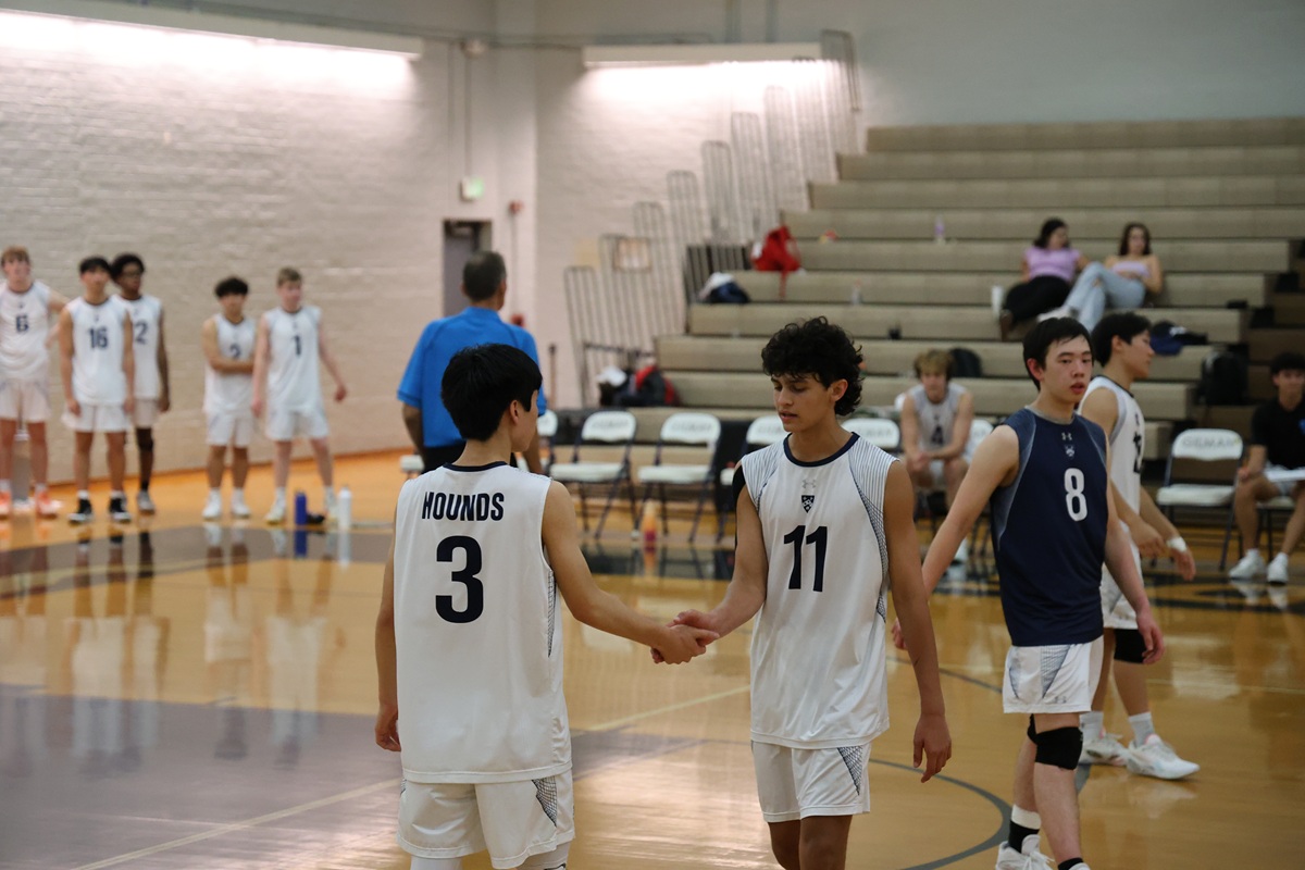 Volleyball players fist-bumping on court
